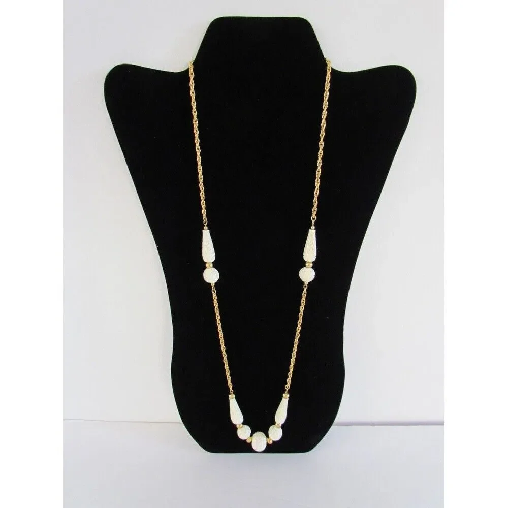 Vintage 60s Crown Trifari Sautoir Necklace Carved Faux Ivory  Gold Tone